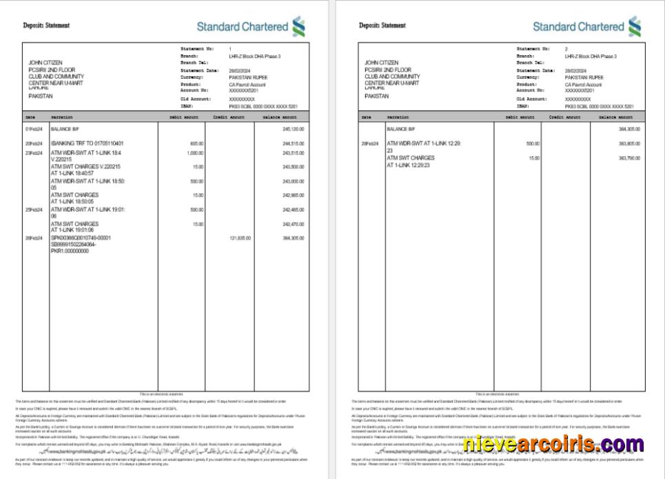 INDIA STANDARD CHARTERED bank statement, Word and PDF format